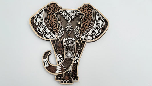 Layered Mandala Elephant – Natural Wood Finish