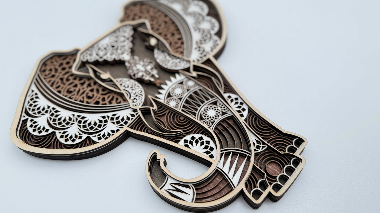 Layered Mandala Elephant – Natural Wood Finish