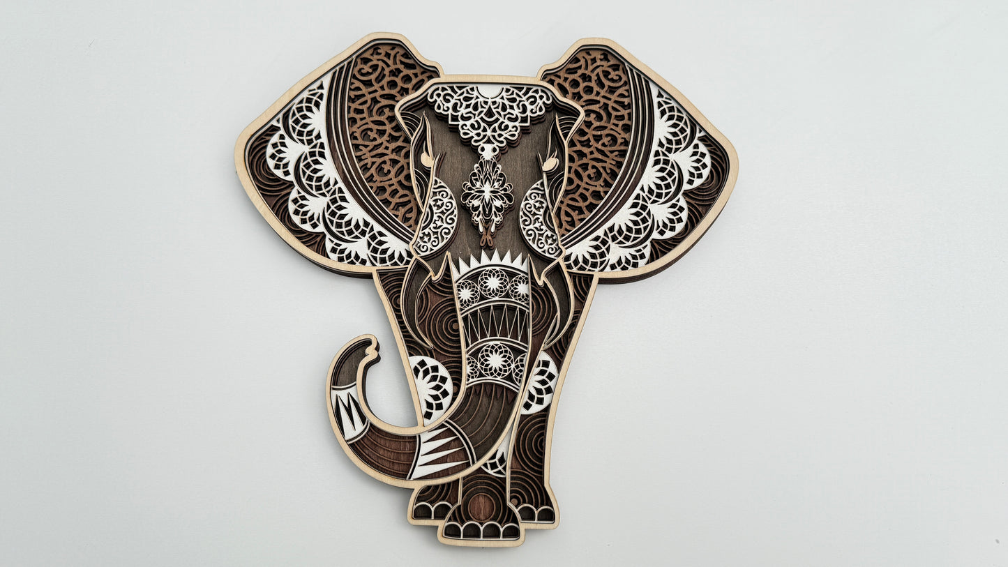 Layered Mandala Elephant – Natural Wood Finish