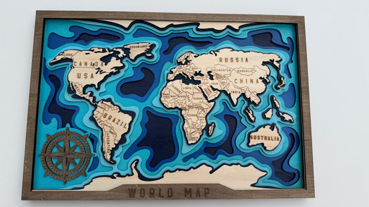 Layered Wooden World Map – Ocean Depth Edition