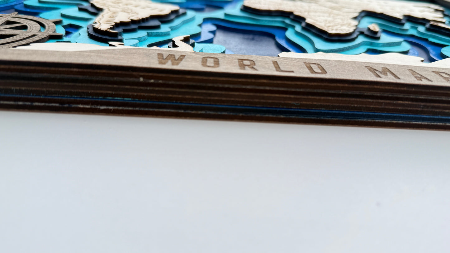 Layered Wooden World Map – Ocean Depth Edition